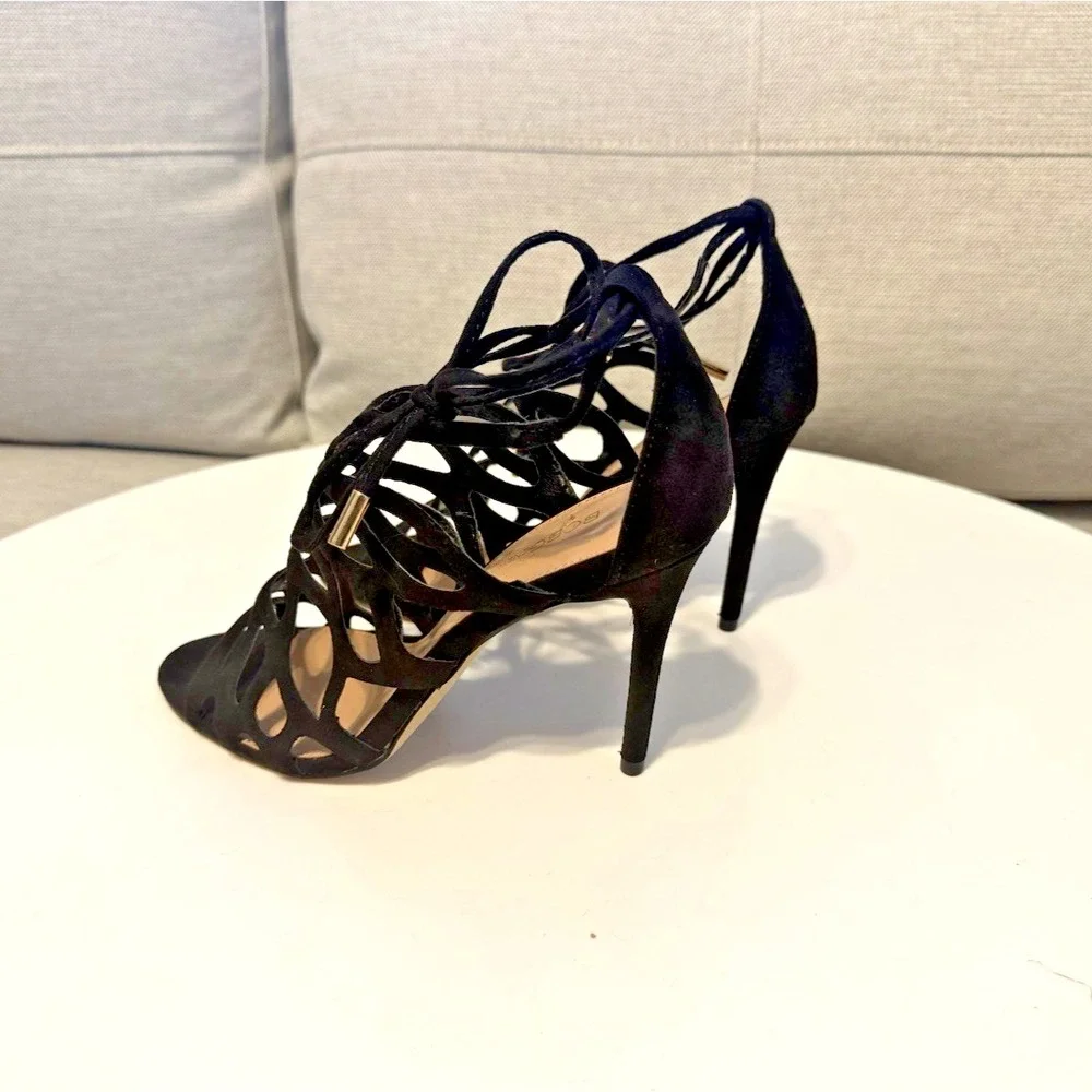 BCBGeneration Faux Suede Black Cutout Strappy Stiletto Heels